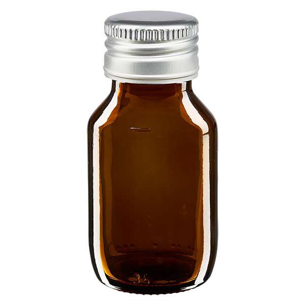Frasco para medicamentos de 50 ml, marrón, con tapón de aluminio plateado ApoGlas Frasco para medicamentos de 50 ml, marrón, con tapón de aluminio plateado ApoGlas