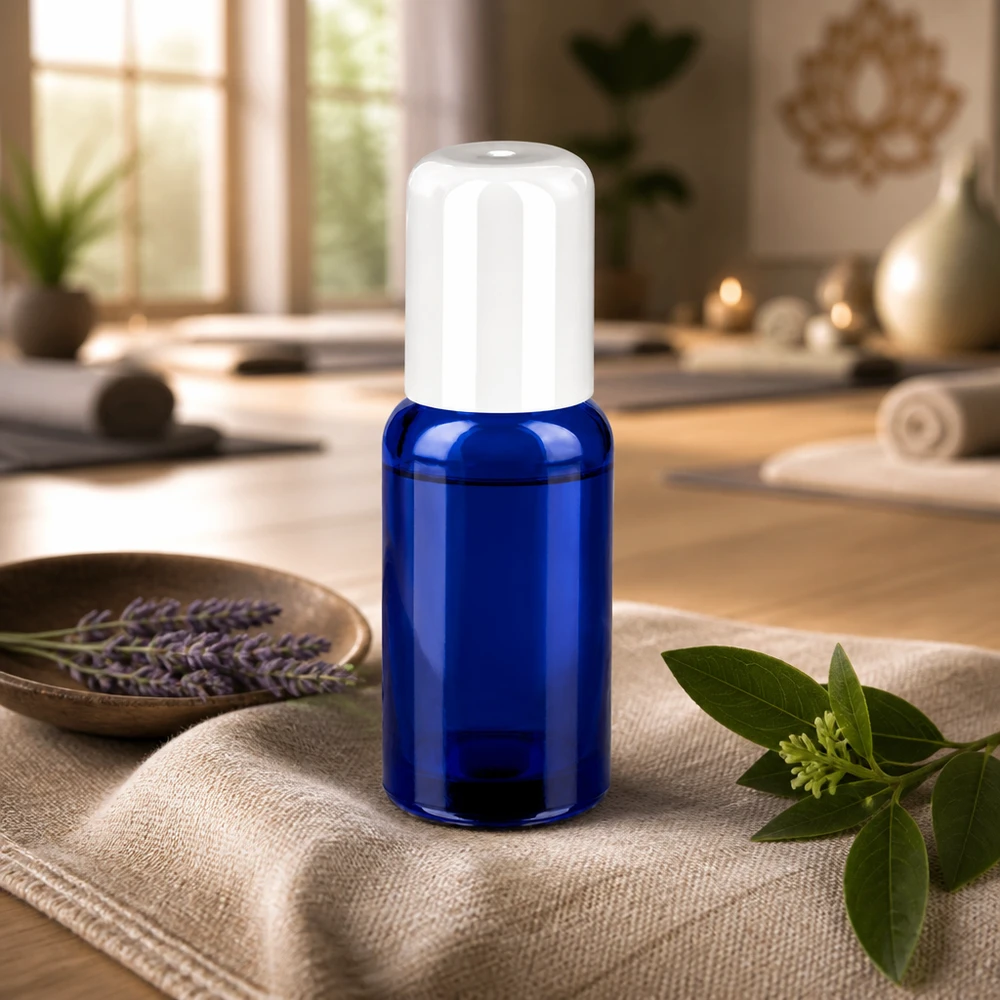 Frasco roll-on compacto de 20 ml con tapón blanco ideal para aromaterapia y bienestar
