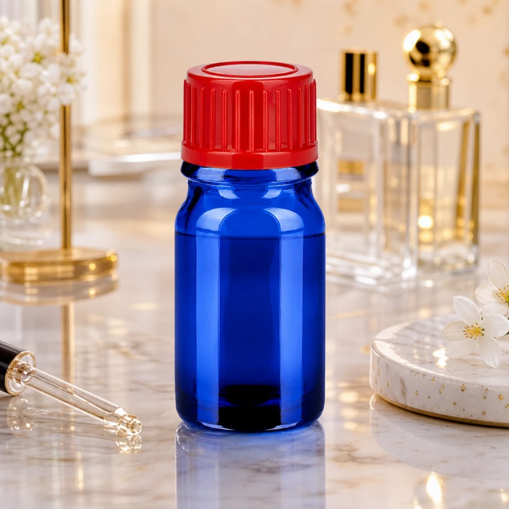 Frasco de vidrio BlueLine de 5 ml con tapón SV rojo de 11 mm para un almacenamiento seguro de las muestras