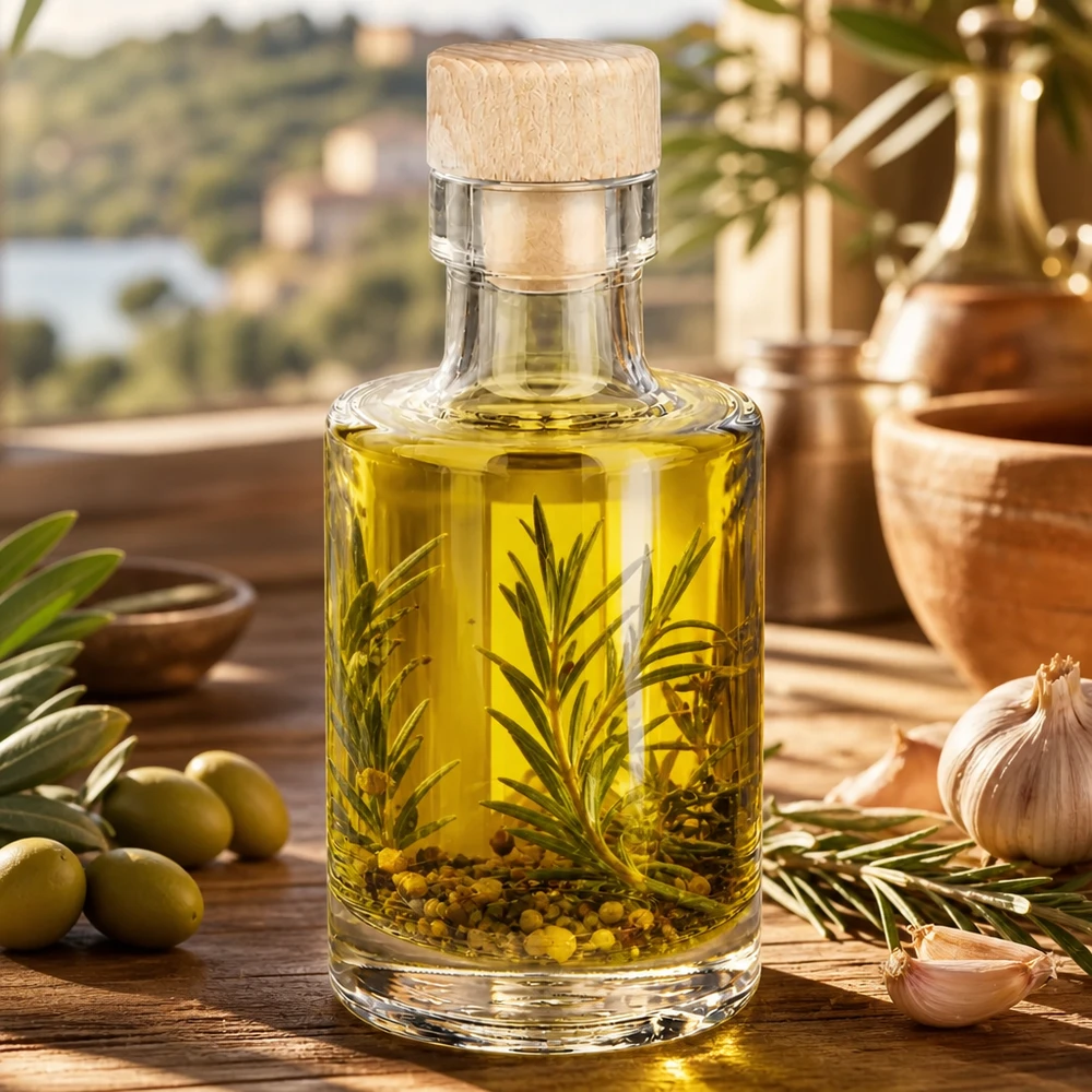 Botella de vidrio de 100 ml «Marie» con tapón de corcho con asa de madera UNiTWIST® Botella de cristal de 100 ml Marie con tapón de madera rellena de aceite de hierbas granos de pimienta de romero junto a aceitunas y ajo mediterra