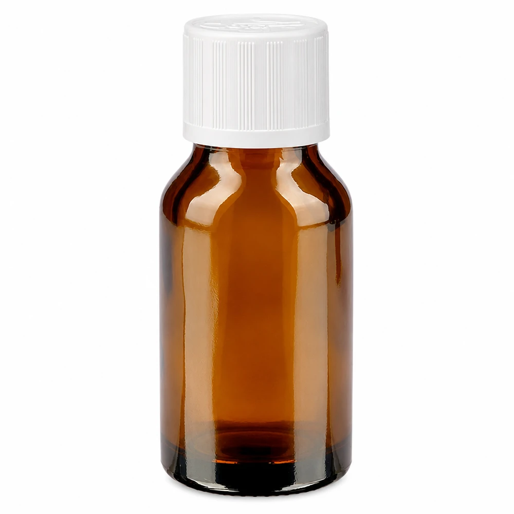 Frasco de farmacia marrón de 30 ml con tapón de seguridad para niños de color blanco, fabricado en vidrio marrón de alta calidad