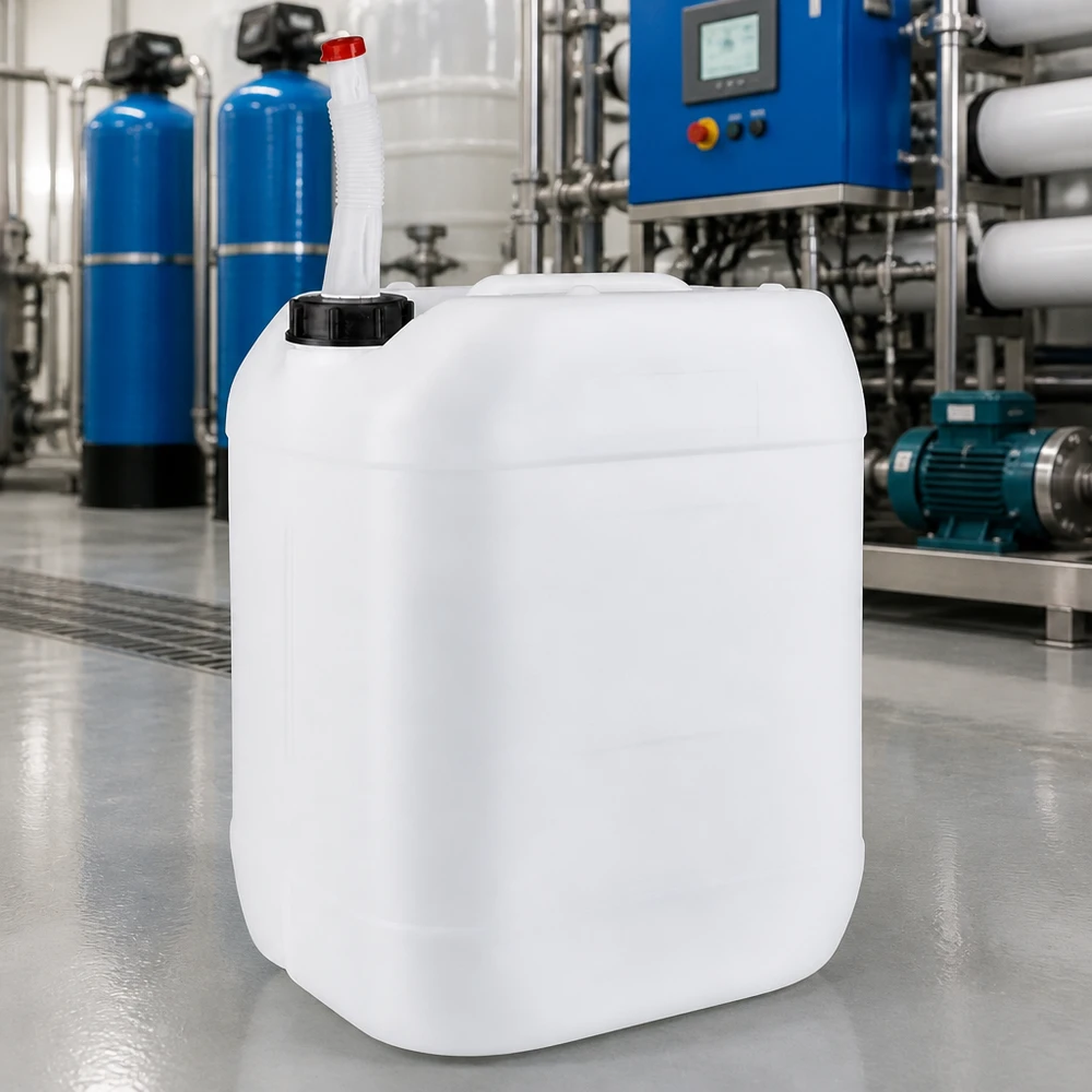 Bidón de plástico transparente de 20 litros con tubo de salida flexible, situado delante de una planta industrial de tratamiento de aguas