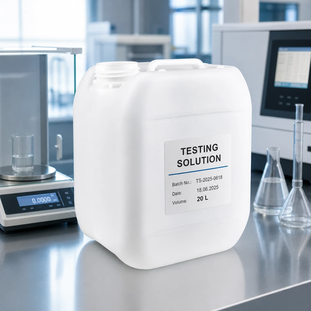Jerrycan 5 litros sin tapón Bidón de 5 litros sin tapón, con etiqueta «Testing Solution», sobre una mesa de laboratorio de acero inoxidable