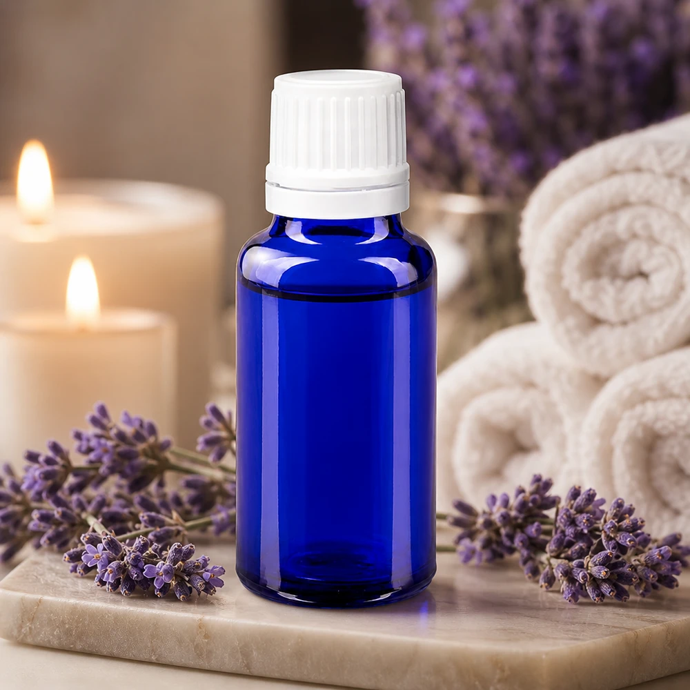 Botella de farmacia azul 20ml tapón cuentagotas 1.2mm cierre inviolable blanco Set de aromaterapia de lavanda con frasco cuentagotas ApoGlas azul de 20 ml, tapón OV blanco y boquilla de 0,7 mm