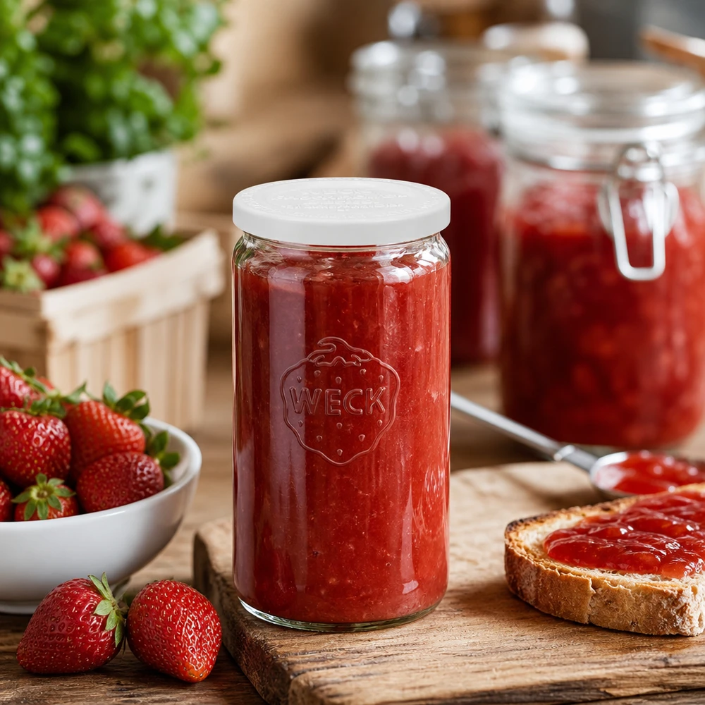 Tarro cilíndrico WECK 340ml lleno de mermelada de fresa en una cocina rústica con fresas frescas y pan