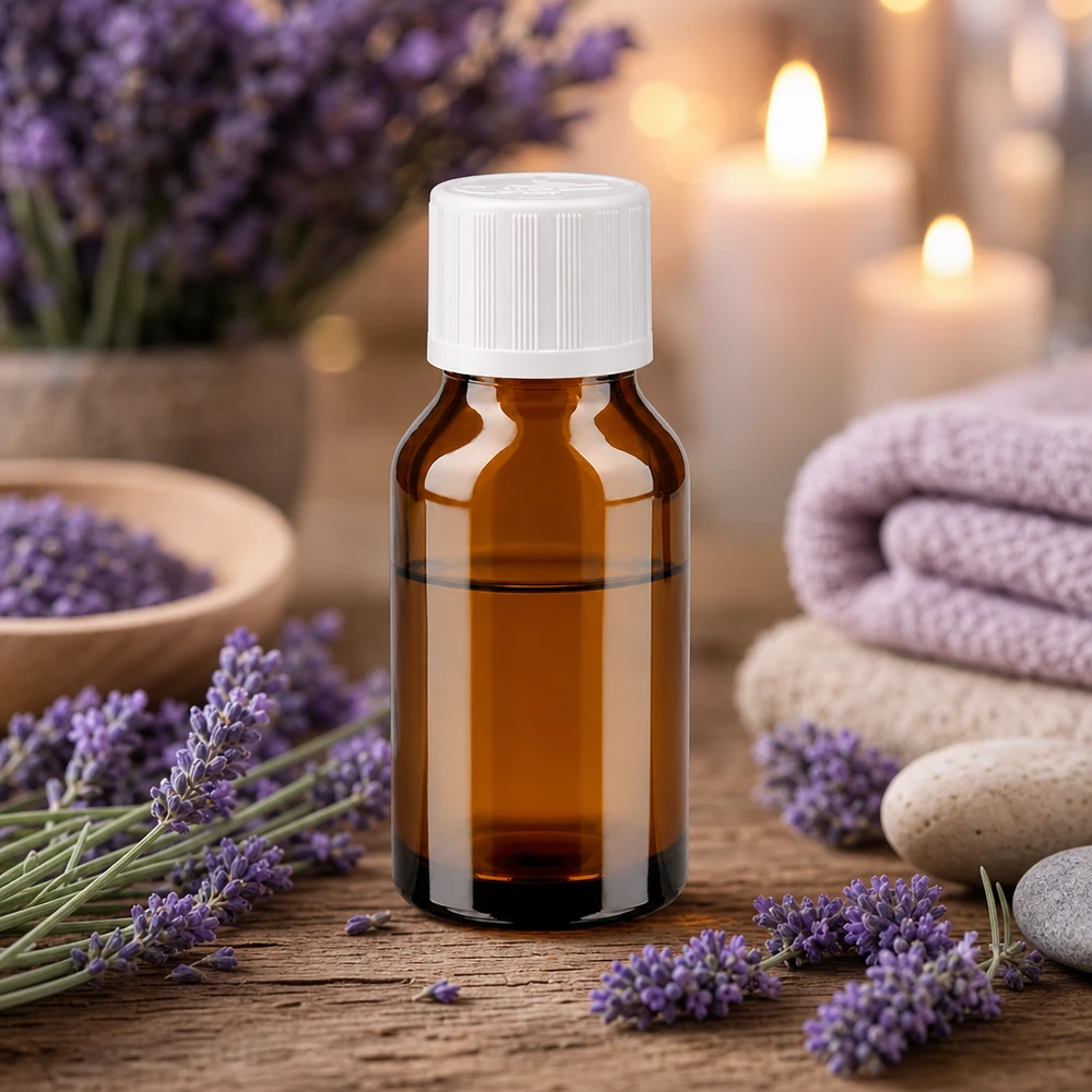 Aceite de lavanda en un frasco de farmacia marrón de 15 ml con tapón blanco a prueba de niños