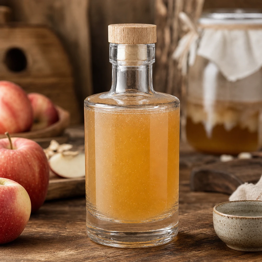 Botella de vidrio de 200 ml «Marie» con tapón de corcho con asa de madera UNiTWIST® 200ml Glasflasche Marie mit Apfelessig befüllt, Holzkorken-Verschluss, rustikale Küchendeko mit frischen Äpfeln