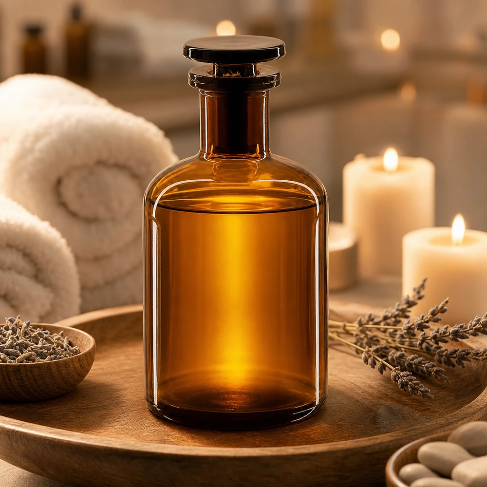 Frasco de aromaterapia de 100 ml, marrón, de hombros redondeados, con tapón de cristal, con lavanda y velas