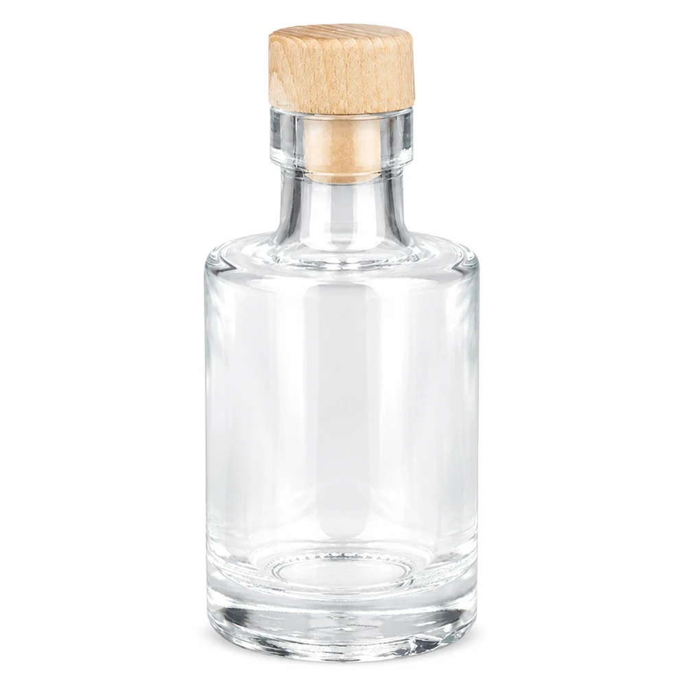 Botella de vidrio de 100 ml «Marie» con tapón de corcho con asa de madera UNiTWIST® Botella de vidrio 100ml Marie con asa de madera corcho UNiTWIST vacía transparente forma redonda Foto producto sobre fondo blanco