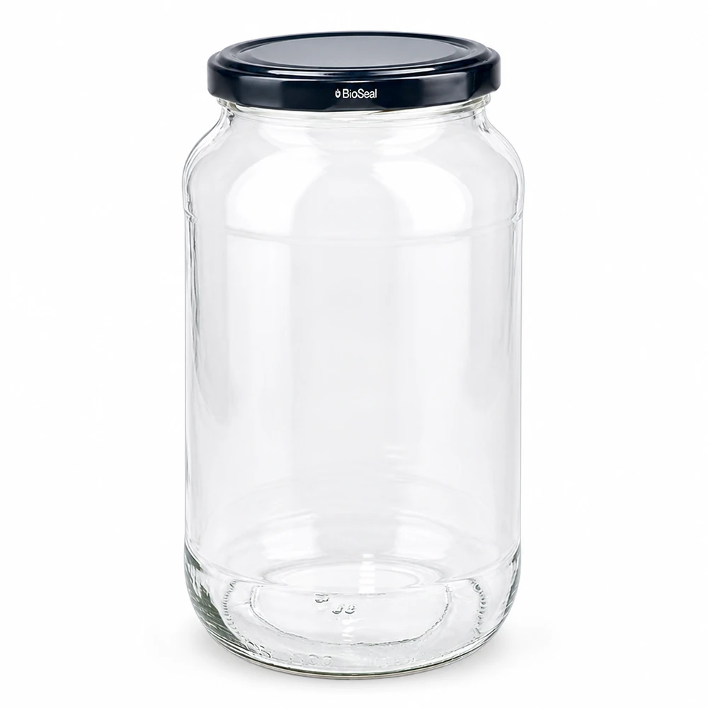1062ml tarro redondo con tapa BioSeal negro UNiTWIST Tarro redondo vacío UNiTWIST 1062 con tapa negra TO82 BioSeal para tarro de conserva Tarro de almacenaje