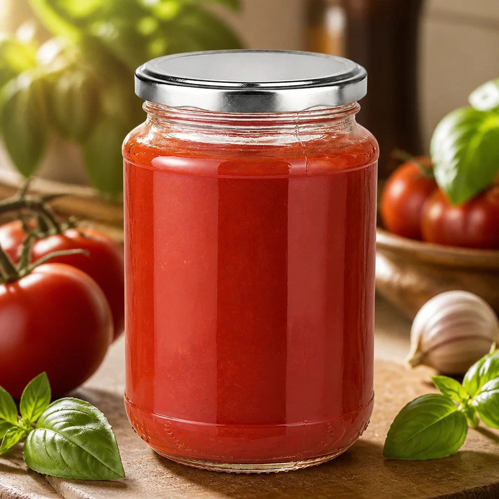 Salsa de tomate casera conservada en un frasco redondo de cristal UniTwist de 320 ml con tapa BasicSeal plateada