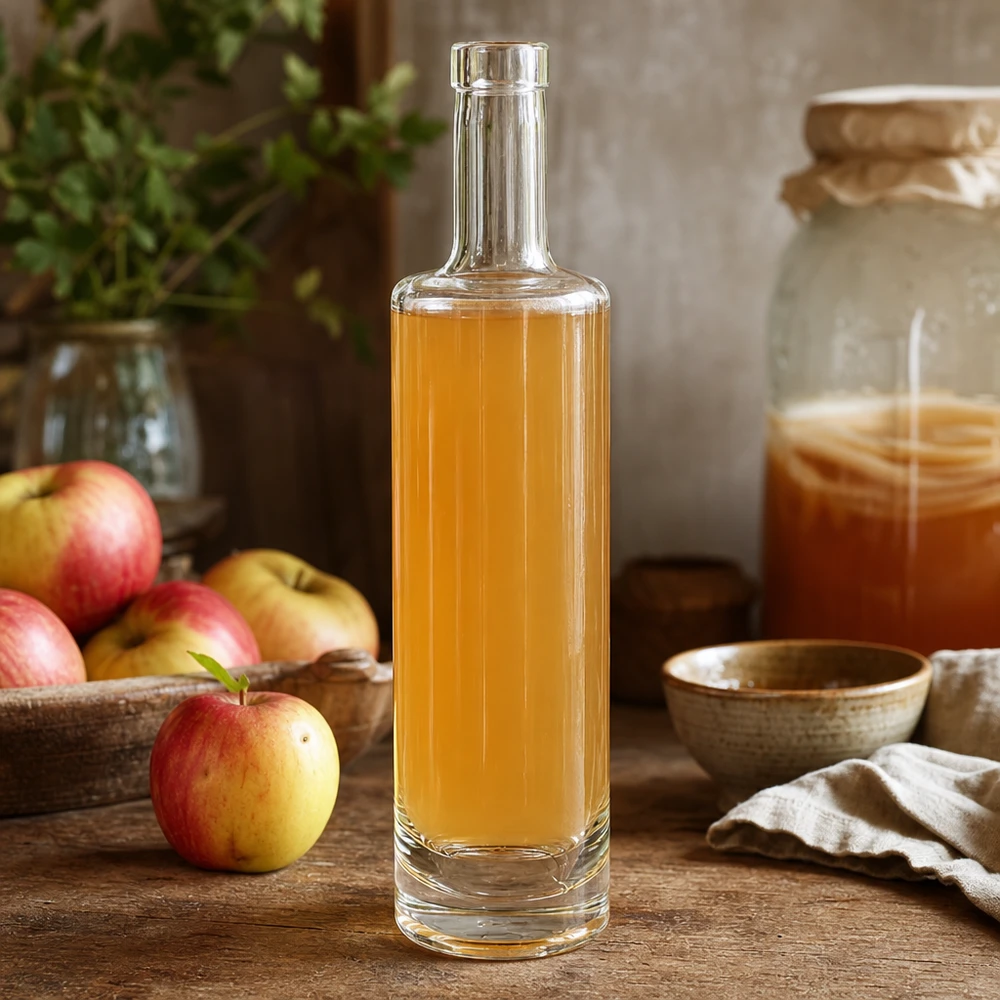 Botella de cristal de 500 ml de Lina llena de zumo de manzana dorado en una escena de cocina rústica con manzanas frescas y miel