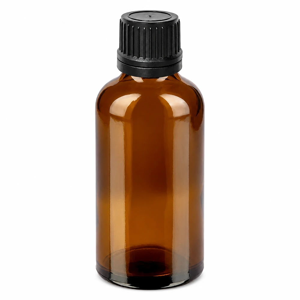 Frasco de vidrio ámbar de 50 ml con tapón cuentagotas negro para aceites esenciales y tinturas