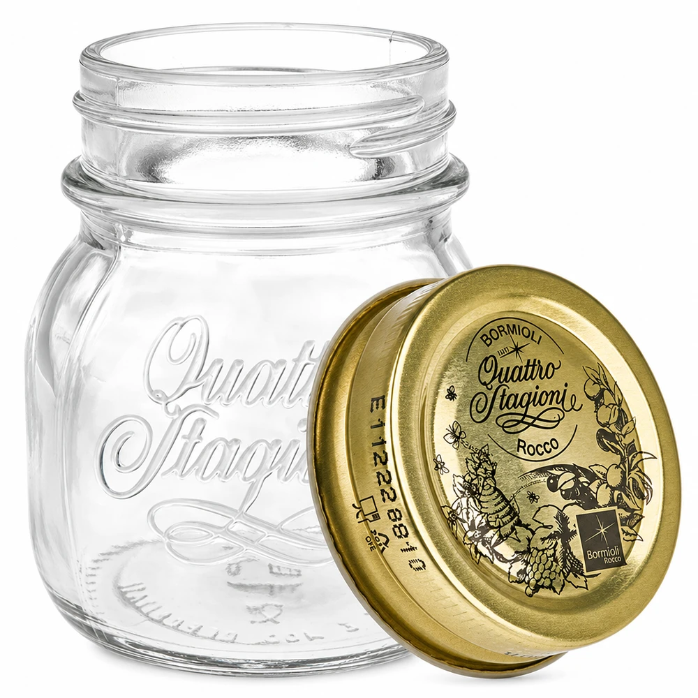 Tarro redondo de 150 ml "Quattro Stagioni" con tapa Tarro redondo de 150 ml Quattro Stagioni con tapa dorada tarro de conserva tarro de almacenaje Bormioli Rocco Italiano