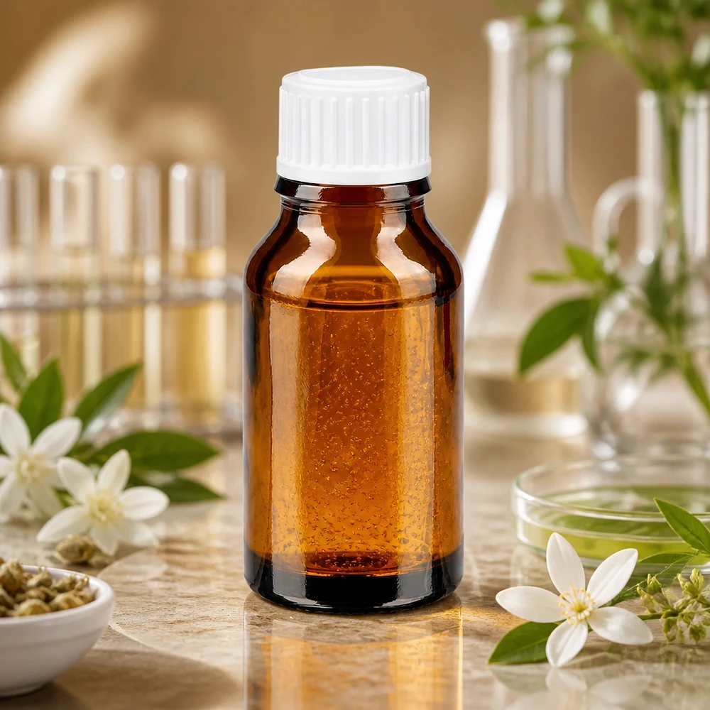 Botella de cristal de color ámbar de 15 ml con tapón de rosca blanco, rodeada de flores de jazmín y material de laboratorio