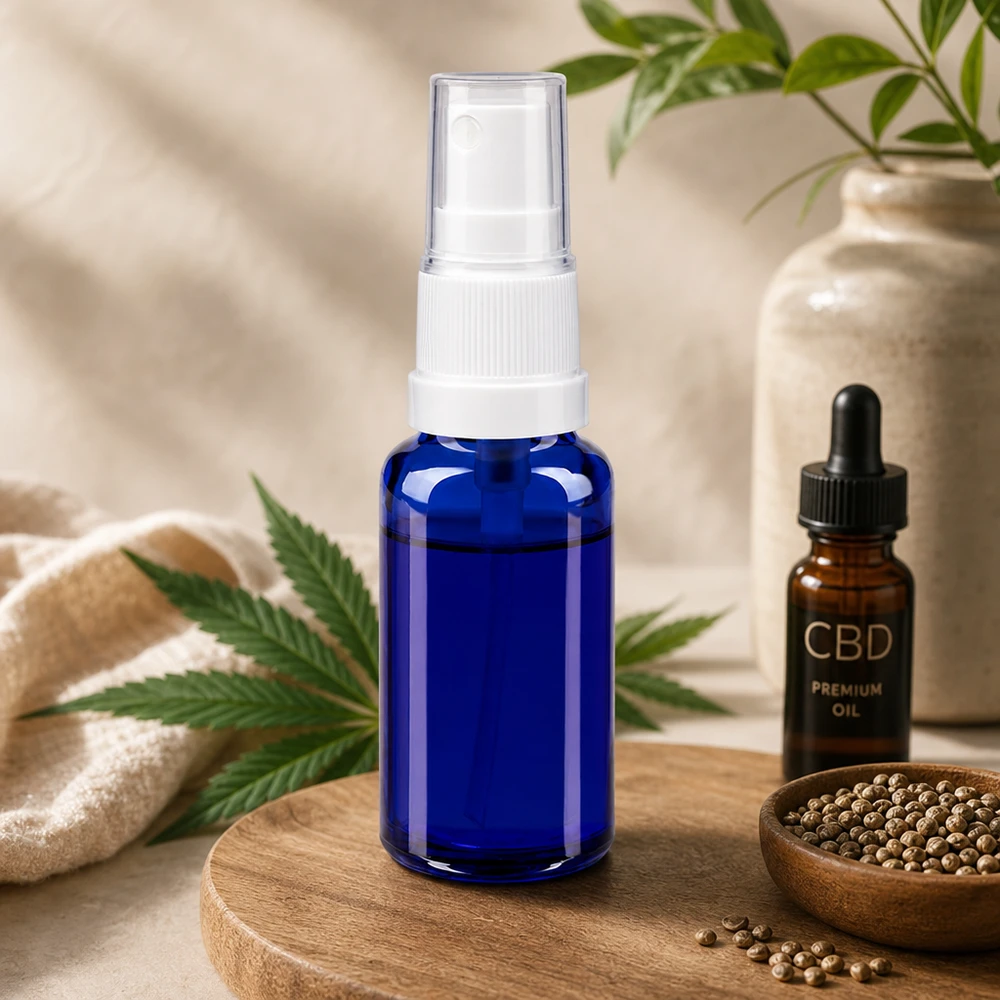 Botella de farmacia azul 20ml pulverizador blanco Frasco pulverizador de cristal azul de 20 ml, modelo STD, con pulverizador blanco, junto a aceite de CBD y una hoja de cáñamo