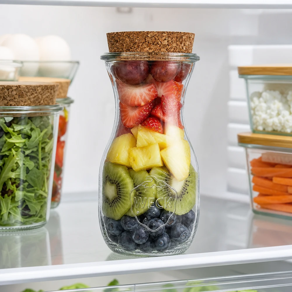 290ml botella de zumo WECK RR60 con corcho natural WECK botella de zumo 290ml RR60 con mezcla de frutas arándanos kiwi piña fresas en la nevera Meal Prep