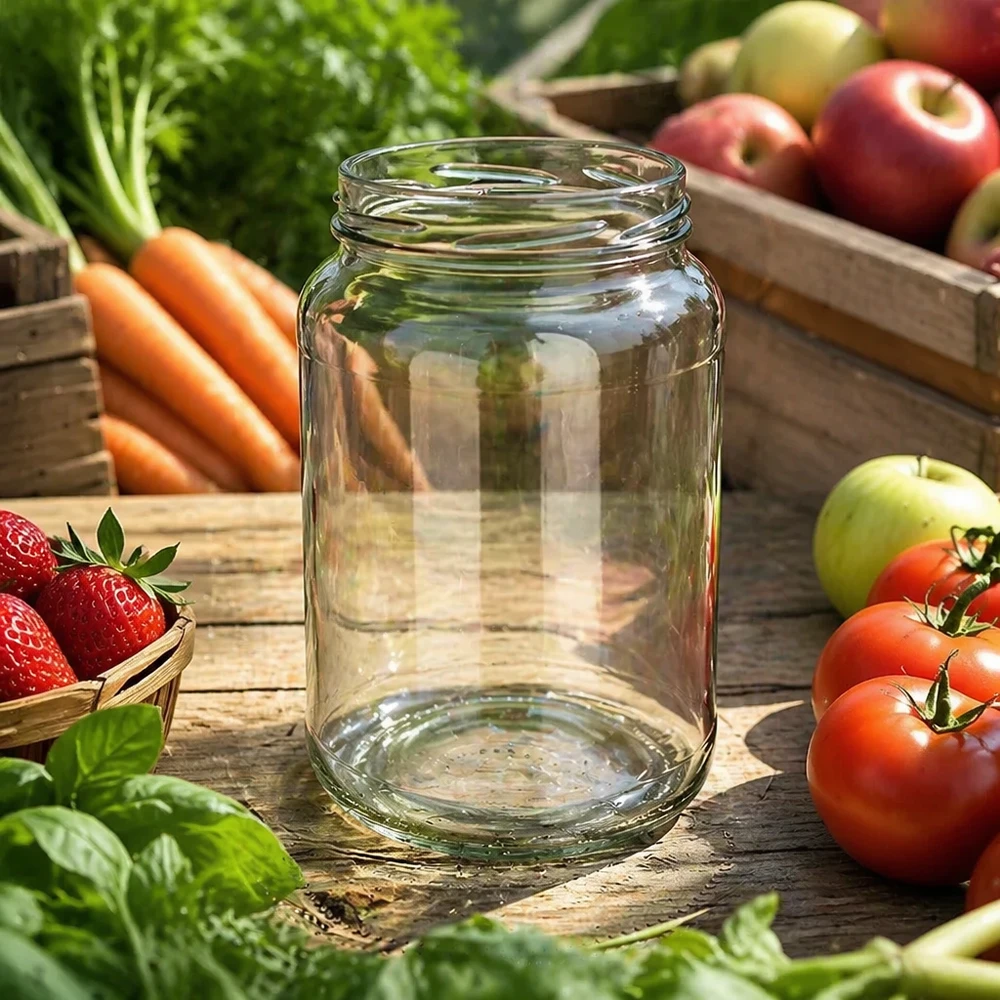 Tarro redondo de 1700ml sin tapa (TO100) UNiTWIST UNiTWIST Runda1700 vasos 1700ml TO100 vacío entre verduras frescas frutas mesa de madera conservación natural