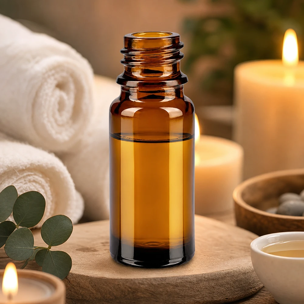 Frasco cuentagotas 10 ml DIN 18 de vidrio ámbar Frasco de farmacia marrón de 10 ml ApoGlas con aceites esenciales entre toallas blancas y velas encendidas