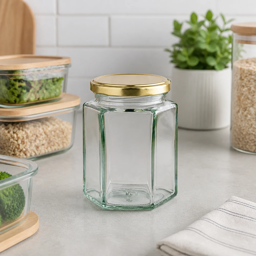 Hexaglas de 191 ml + tapa BasicSeal dorada UNiTWIST® Un frasco Hexaglas UNiTWIST de 191 ml con tapa BasicSeal dorada sobre la encimera de la cocina, entre hierbas frescas y recipientes para alimentos.