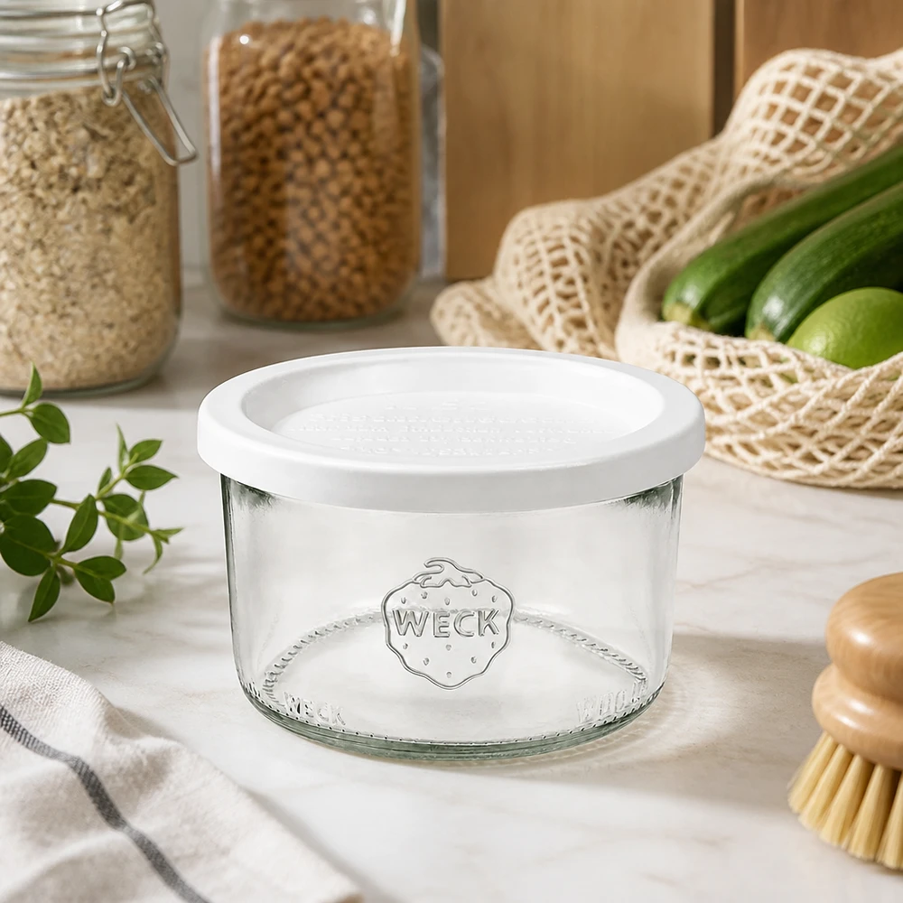 Vaso de 200ml con tapa de frescura WECK RR80 WECK 200ml RR80 mason jar con tapa blanca frescura en la cocina sostenible con verduras orgánicas y utensilios de almacenamiento