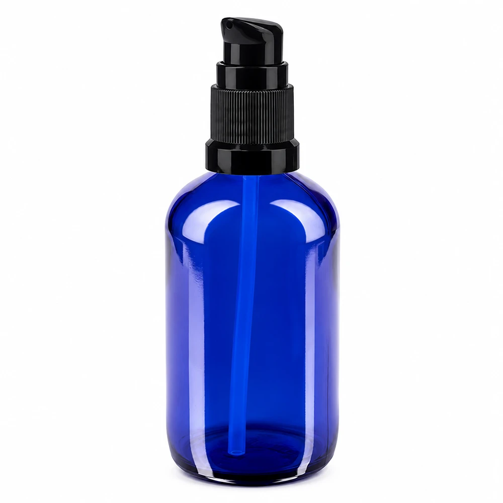 Botella de farmacia azul 100ml tapón bomba negro estándar Frasco de cristal azul de 100 ml con dosificador negro, de cristal de farmacia, para sérums y aceites