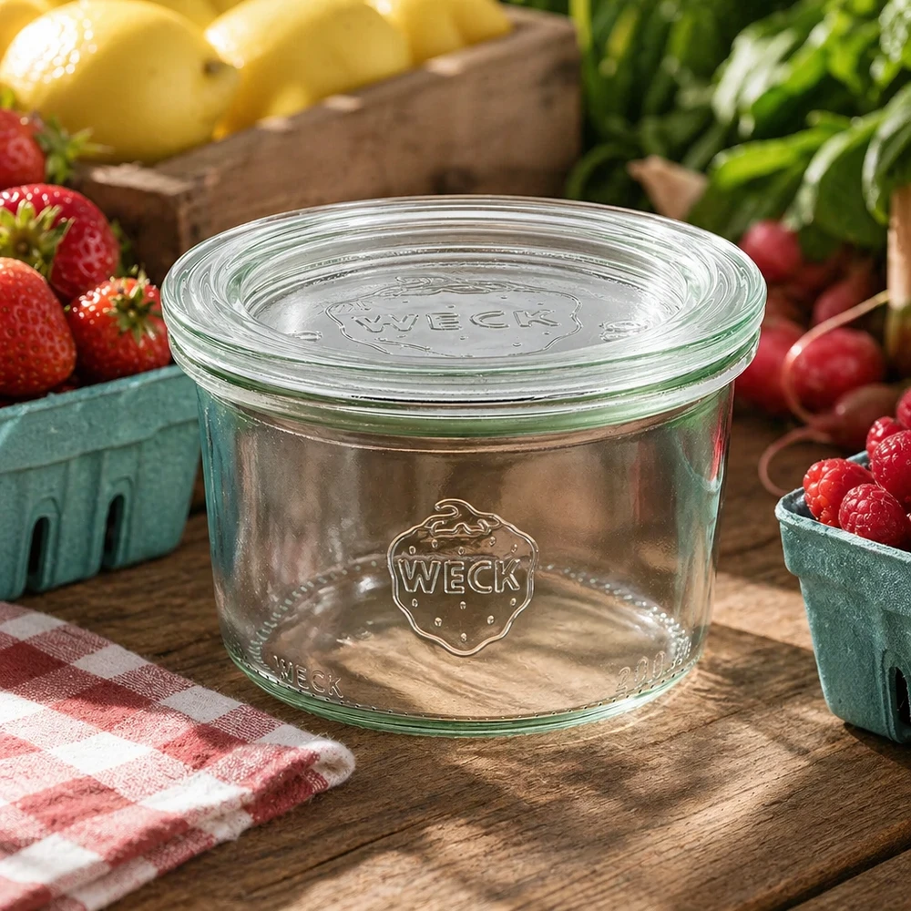 Vasos de 200 ml con tapa de vidrio WECK RR80 Tarro de conserva WECK de 200 ml RR80 en un ambiente de cocina natural decorado con frutas y verduras frescas