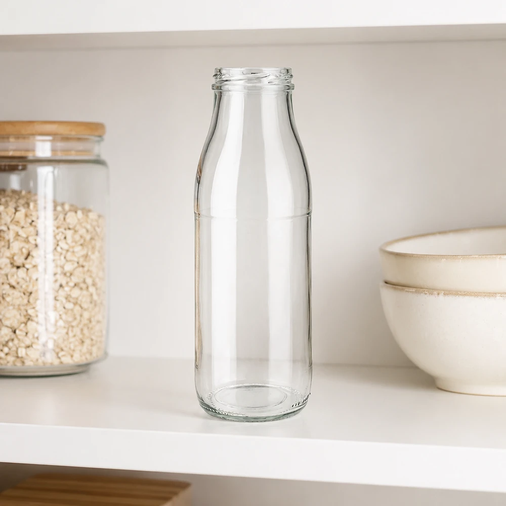 Botella de cristal de 500 ml TO48 UNiTWIST sin tapa en estante de cocina blanco junto a bol de cereales y tarro de almacenaje