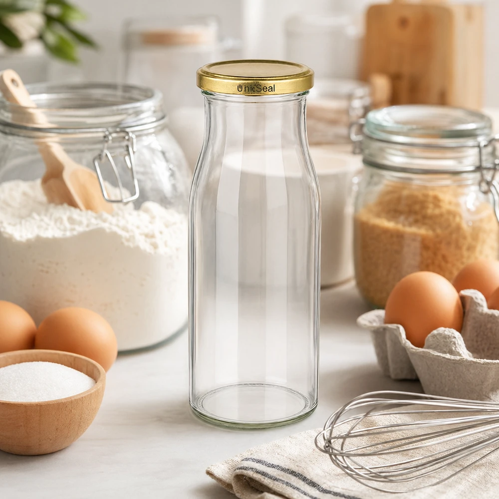 UNiTWIST botella de cristal 150ml vacía en la encimera de la cocina con ingredientes para hornear huevos harina batidor tapa dorada