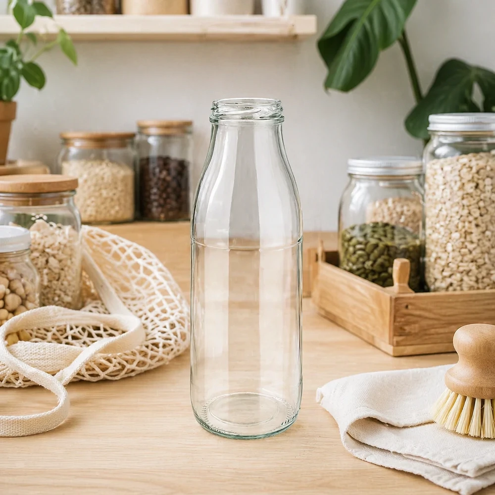 Botella de cristal de 500 ml TO48 UNiTWIST vacía en cocina sostenible de residuo cero con tarros de almacenamiento y fibras naturales