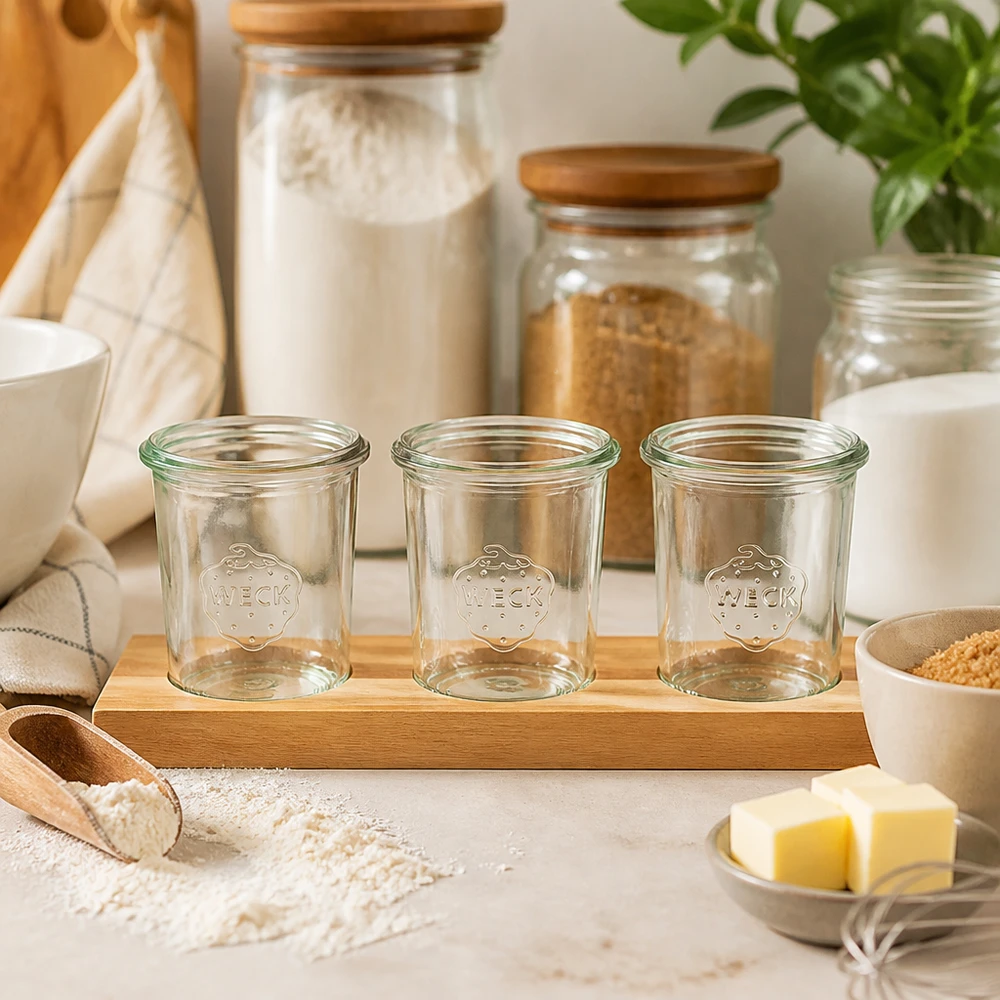 Vaso Weck 160ml vacío sobre tabla de bambú Plano3 en cocina con ingredientes de repostería harina y mantequilla