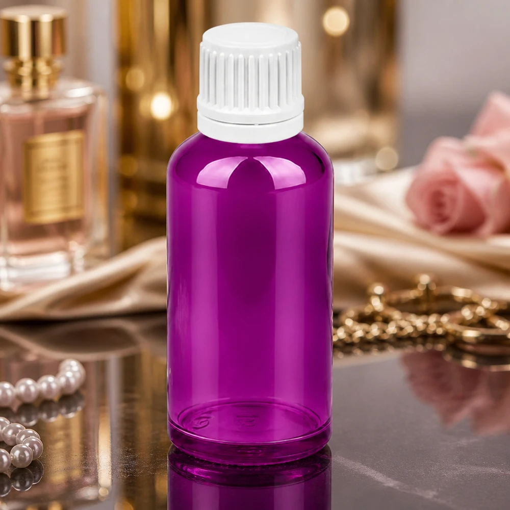 Elegante frasco cuentagotas de 50 ml de diseño morado con tapón blanco para belleza y bienestar