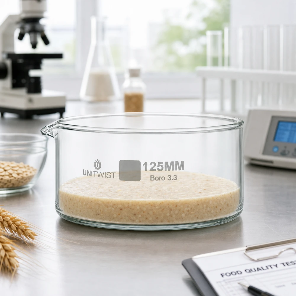 Recipiente de cristalización de 125 mm UNiTWIST Boro 3.3, lleno de papilla de cereales, durante una prueba de calidad alimentaria en el laboratorio