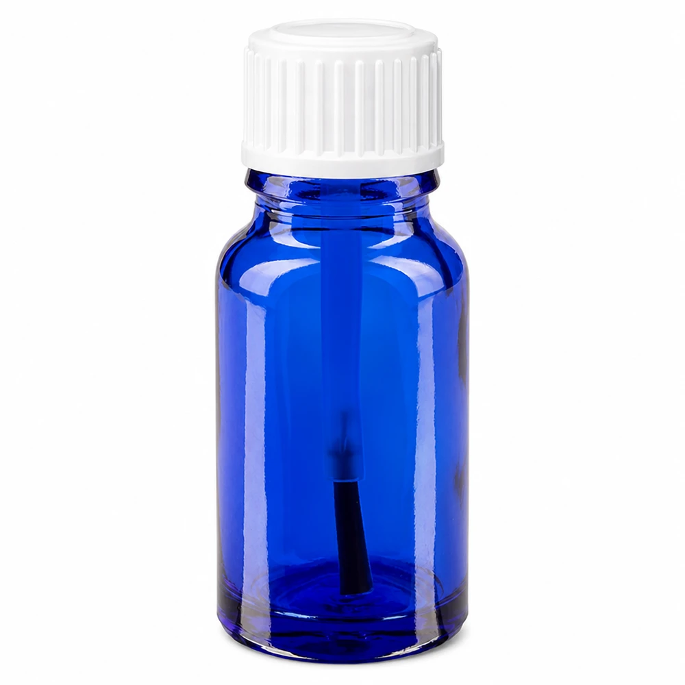 Botella de farmacia azul 10ml tapón rosca cepillo blanco Frasco de farmacia de cristal azul de 10 ml con tapón de pincel blanco para una aplicación precisa