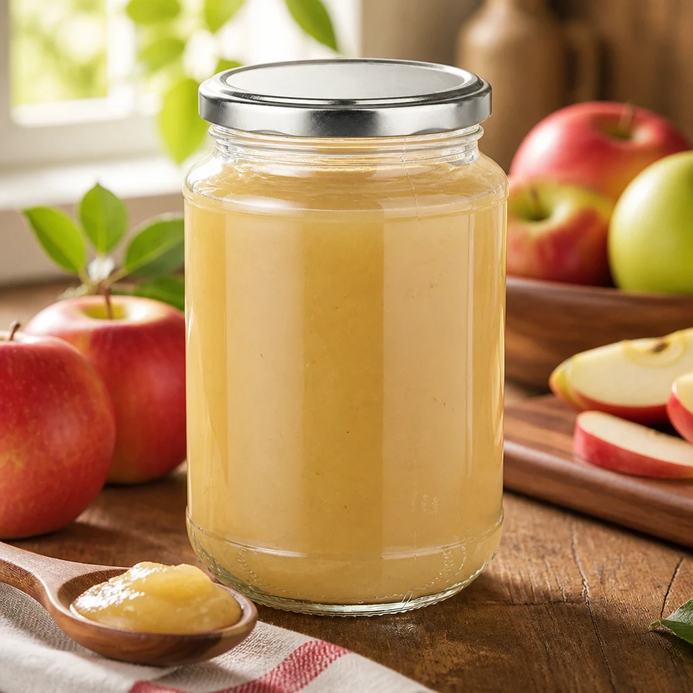 Compota de manzana casera en un frasco redondo BasicSeal plateado de 320 ml, junto a manzanas frescas rojas y verdes