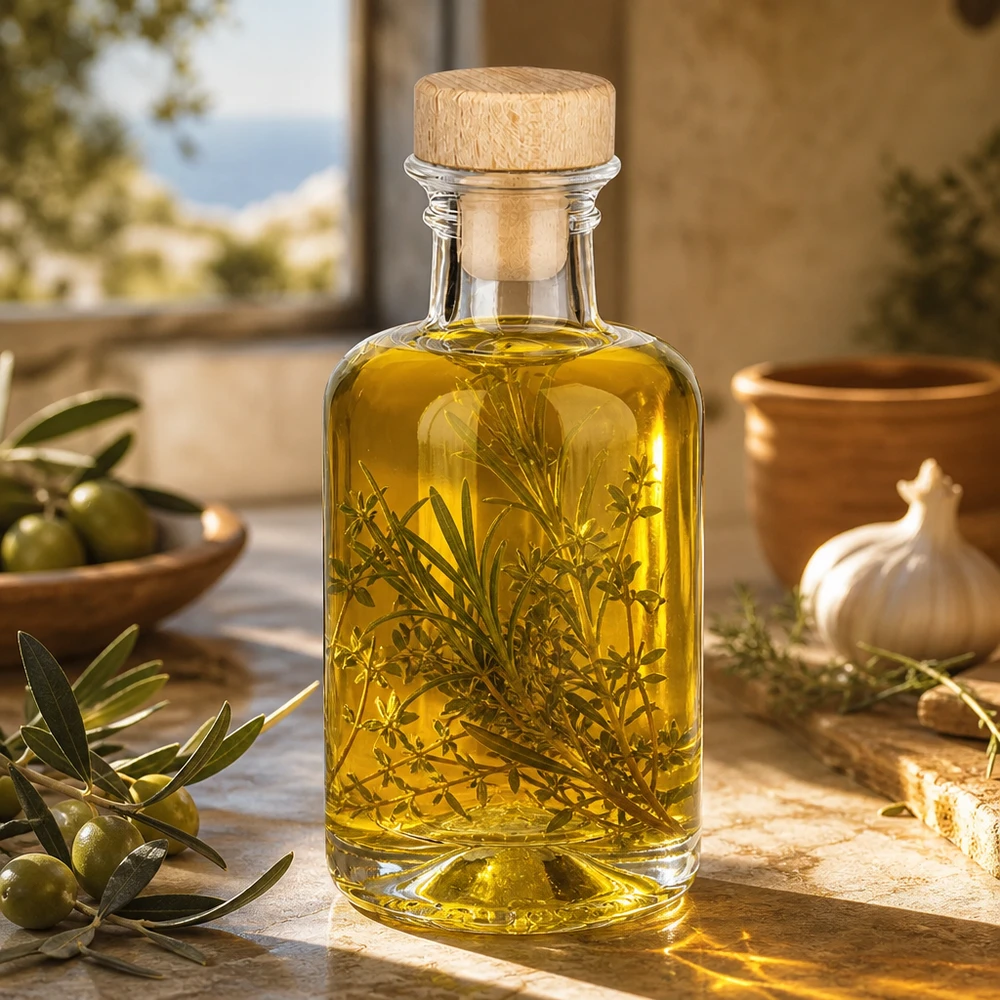 Botella de farmacia de 100 ml «Sofia» con tapón de corcho con asa de madera UNiTWIST® 100ml Glasflasche Sofia mit Holzkorken gefüllt mit Kräuteröl und Rosmarin mediterrane Küche Olivenöl Infusion