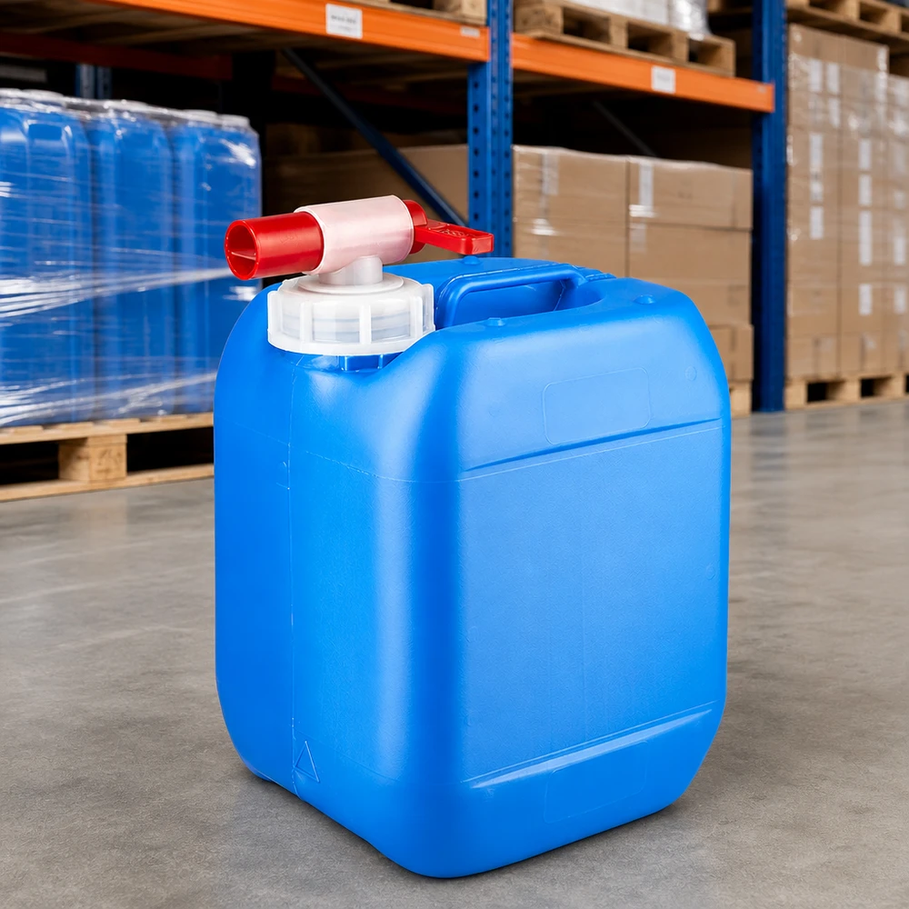 Bidón resistente de HDPE de 5 litros, de color azul, con un práctico grifo de salida rojo, disponible en almacén