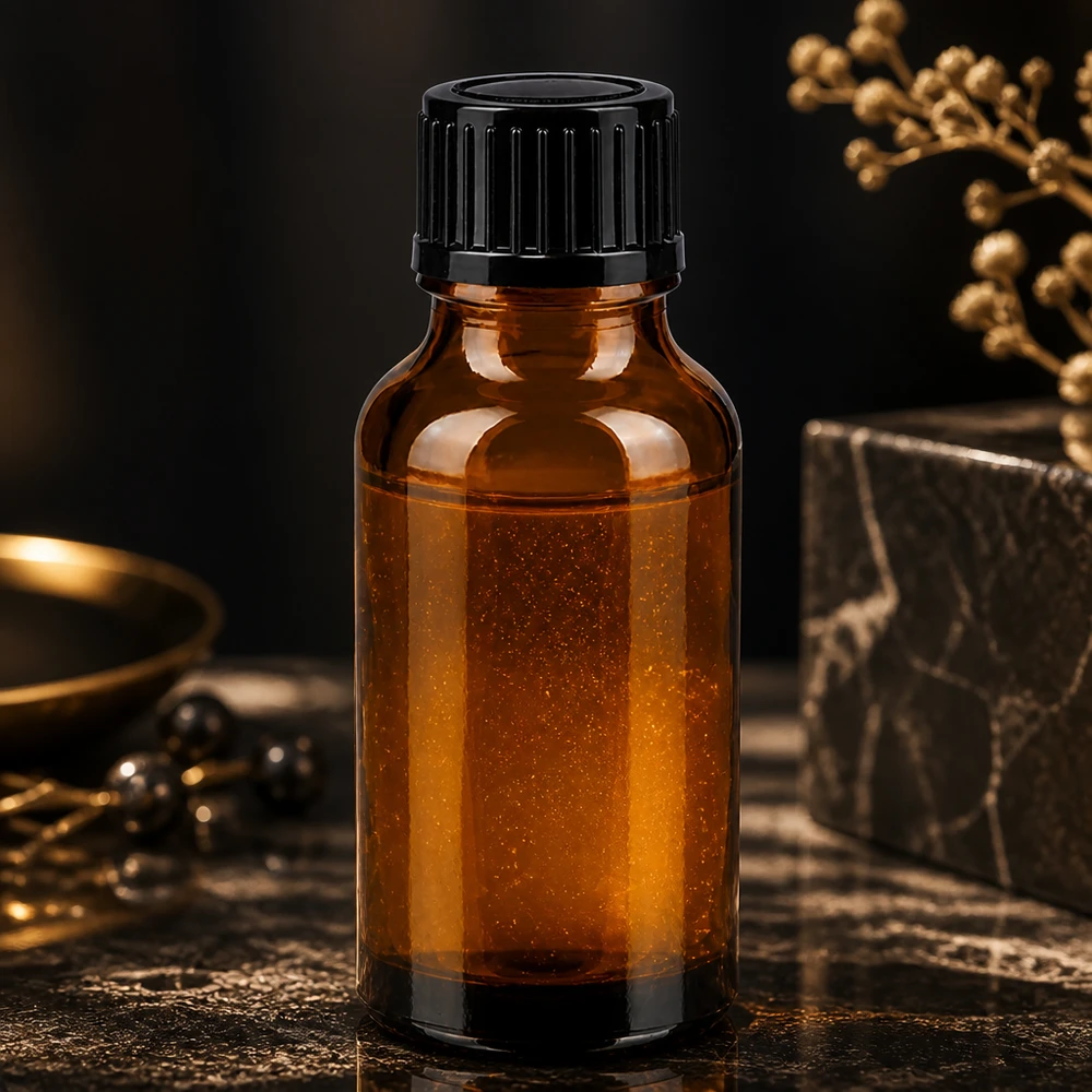 Frasco cuentagotas de 20 ml de color ámbar, fabricado en vidrio de farmacia, con tapón de seguridad para niños de color negro