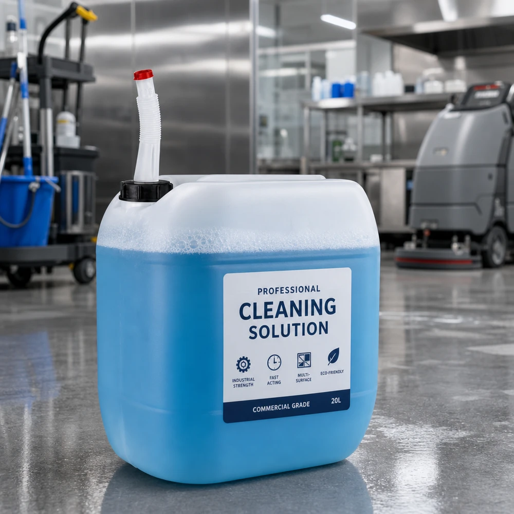 Bidón de 30 litros con tubo de salida flexible Bidón azul de 30 litros para productos de limpieza con tubo de salida flexible sobre suelo industrial