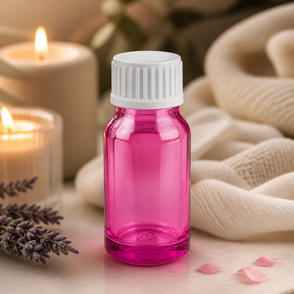 Frasco de vidrio morado de 10 ml con tapón de rosca blanco para facilitar su almacenamiento y uso