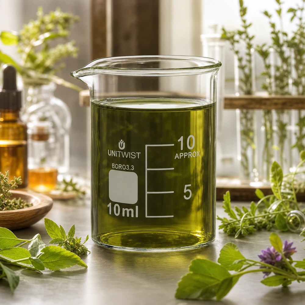 Vaso 10ml borosilicato, molde bajo UNiTWIST Vaso de cristal UNiTWIST de 10 ml con extracto de hierbas verdes rodeado de plantas medicinales frescas