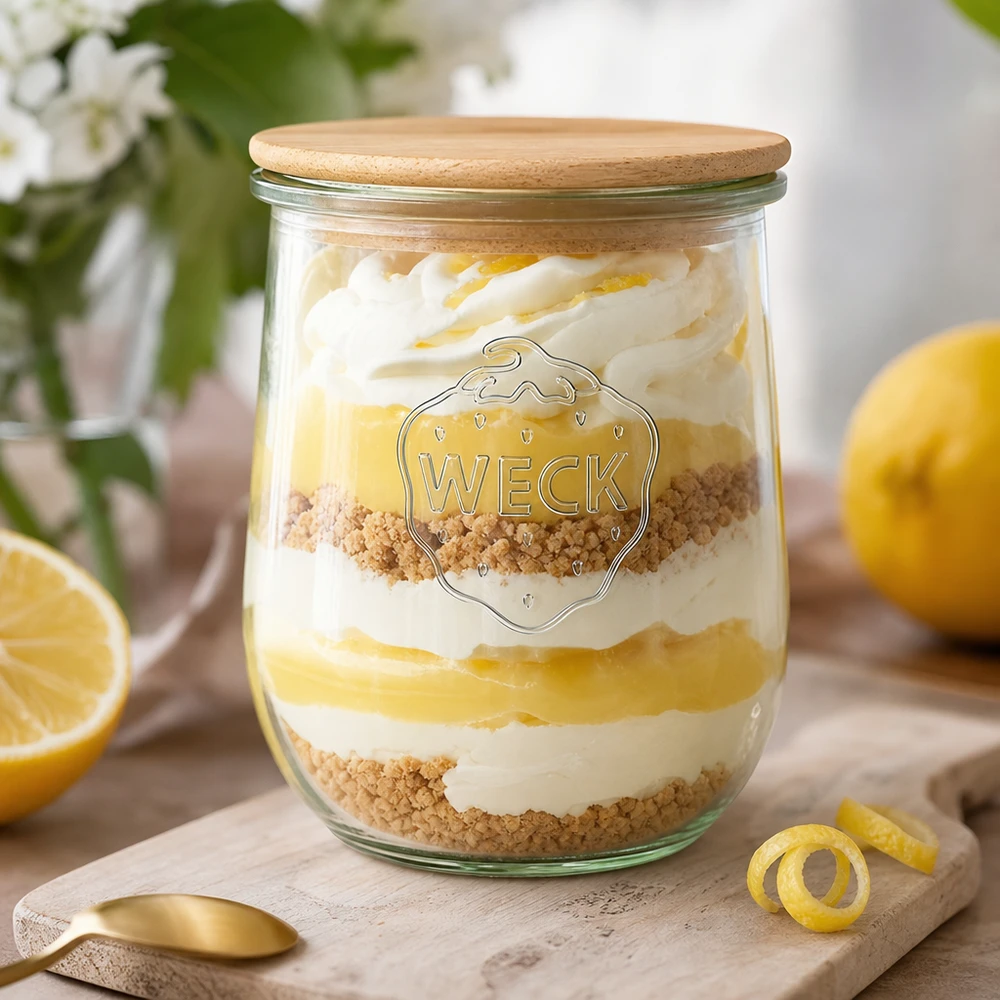 1062ml Tarro tulipán WECK RR100 con tapa de madera WECK RR100 tarro tulipán 1062ml con tapa de madera como tarro de postre con crema de limón y sprinkles dispuestos decorativamente