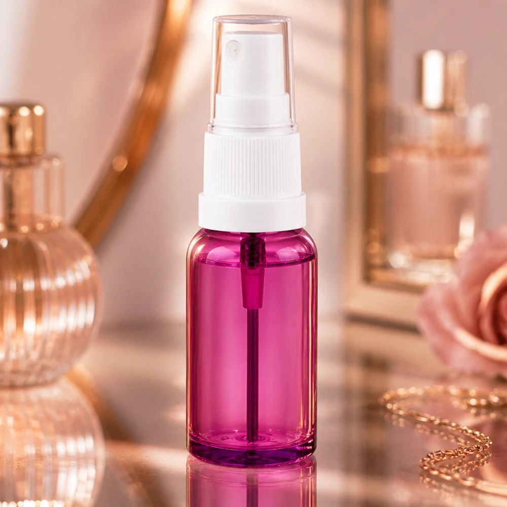 Botella pulverizadora de 20 ml de alta calidad fabricada en plástico transparente con un elegante diseño morado