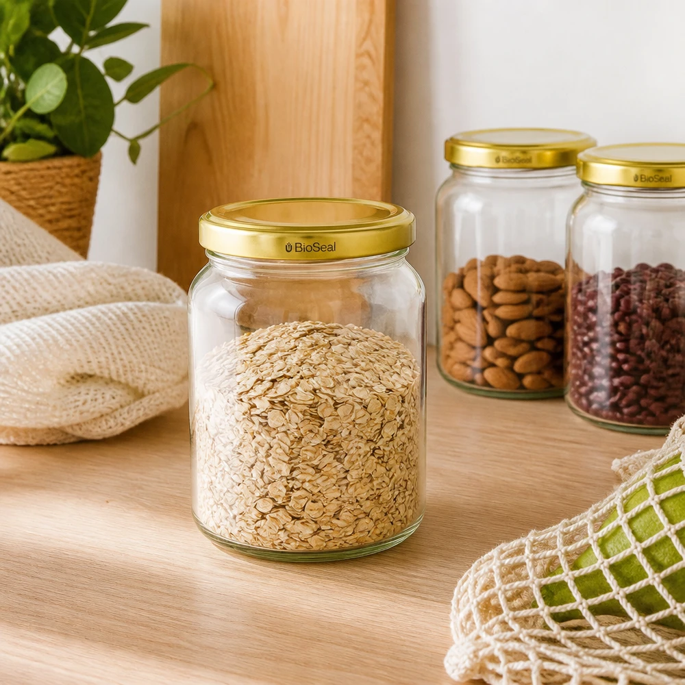 Tarros de conservación UNiTWIST Runda408 con tapas BioSeal doradas llenos de copos de avena y frutos secos en una cocina sostenible