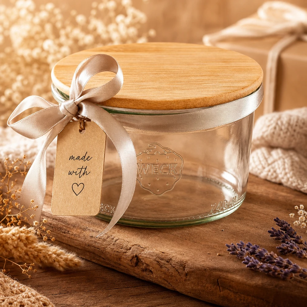 Vaso de 200ml WECK RR80 con tapa de madera WECK Sturzglas 200ml RR80 mit Bambus-Holzdeckel als Geschenkidee mit Schleife und Anhänger in warmer Dekoszene