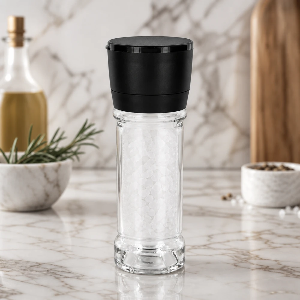 Frasco para sal y especias de 100 ml con molinillo Vario negro Vaso de sal de 100 ml con molinillo negro Vario sobre una superficie de mármol blanco, lleno de sal marina gruesa