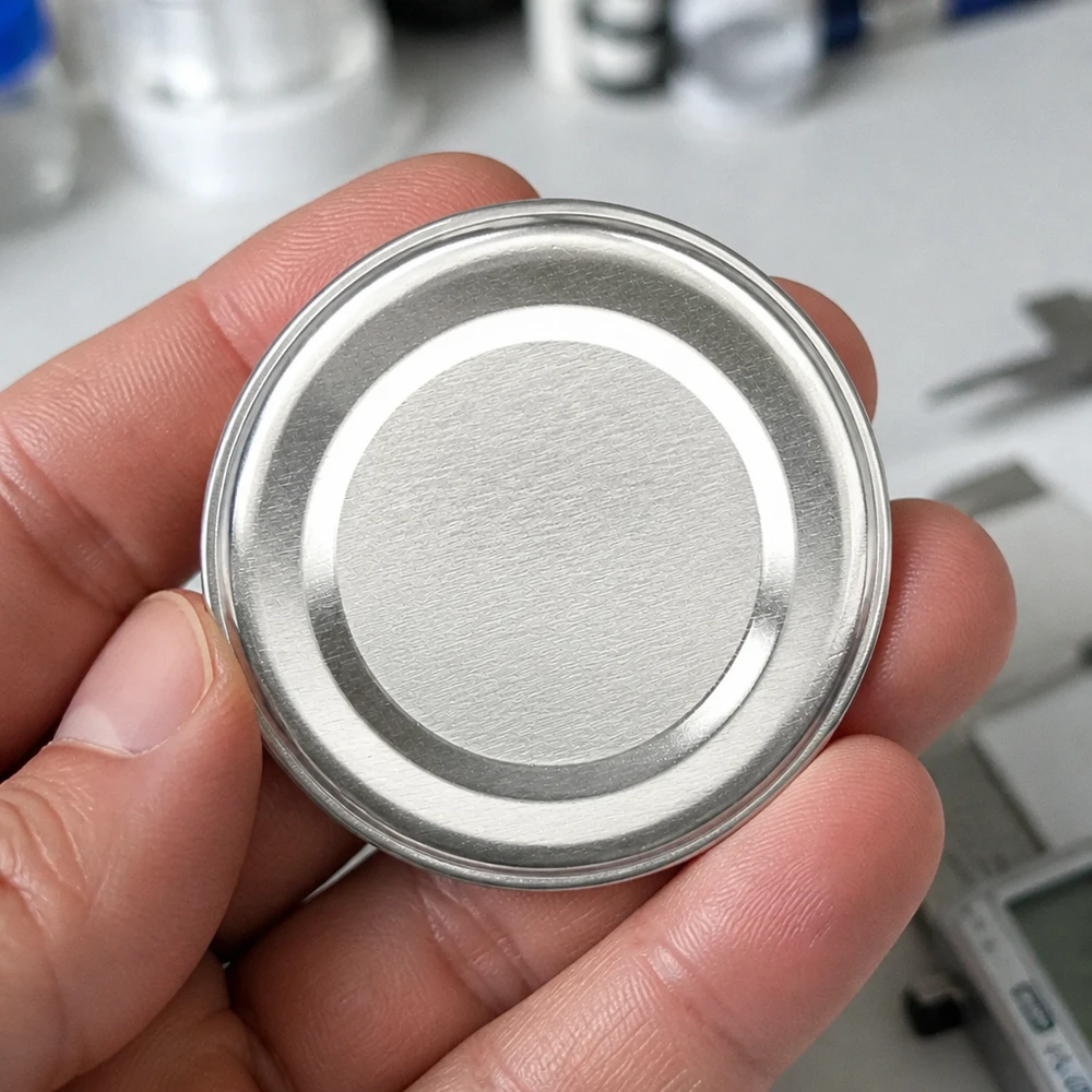 Primer plano de una tapa plateada para tarros TO43 de 43 mm con superficie metálica lisa UNiTWIST BasicSeal