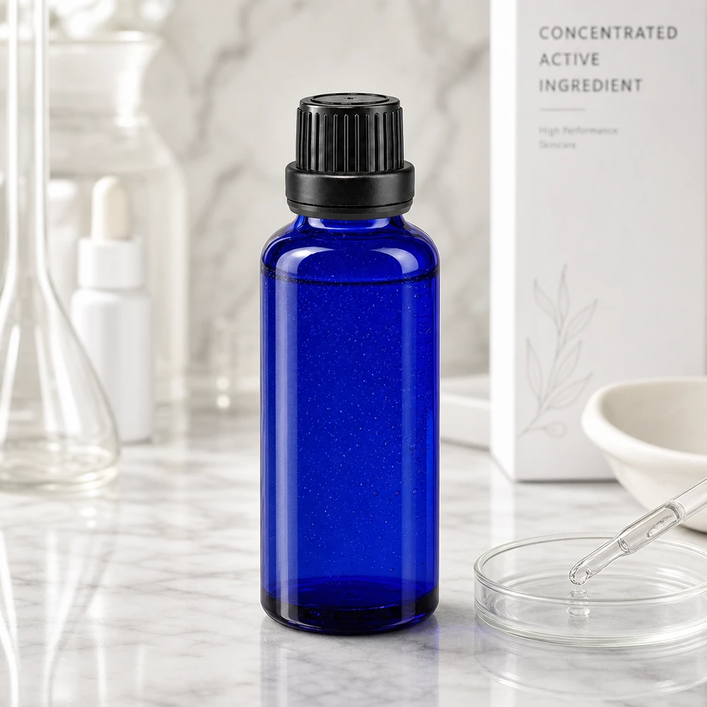 Botella de farmacia azul 30ml tapón cuentagotas anillo vertedor 2mm cierre inviolable negro Frasco de farmacia azul de 30 ml con dosificador de gotas de 2 mm para concentrados y principios activos para el cuidado de la piel