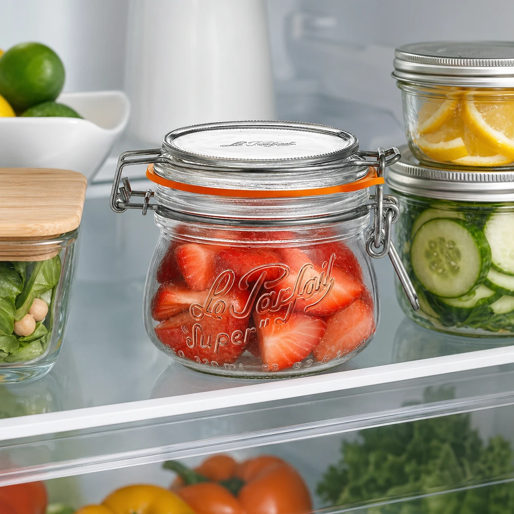 Tarro Le Parfait Super de 250 ml con tapa abatible lleno de fresas en el frigorífico junto a otros tarros