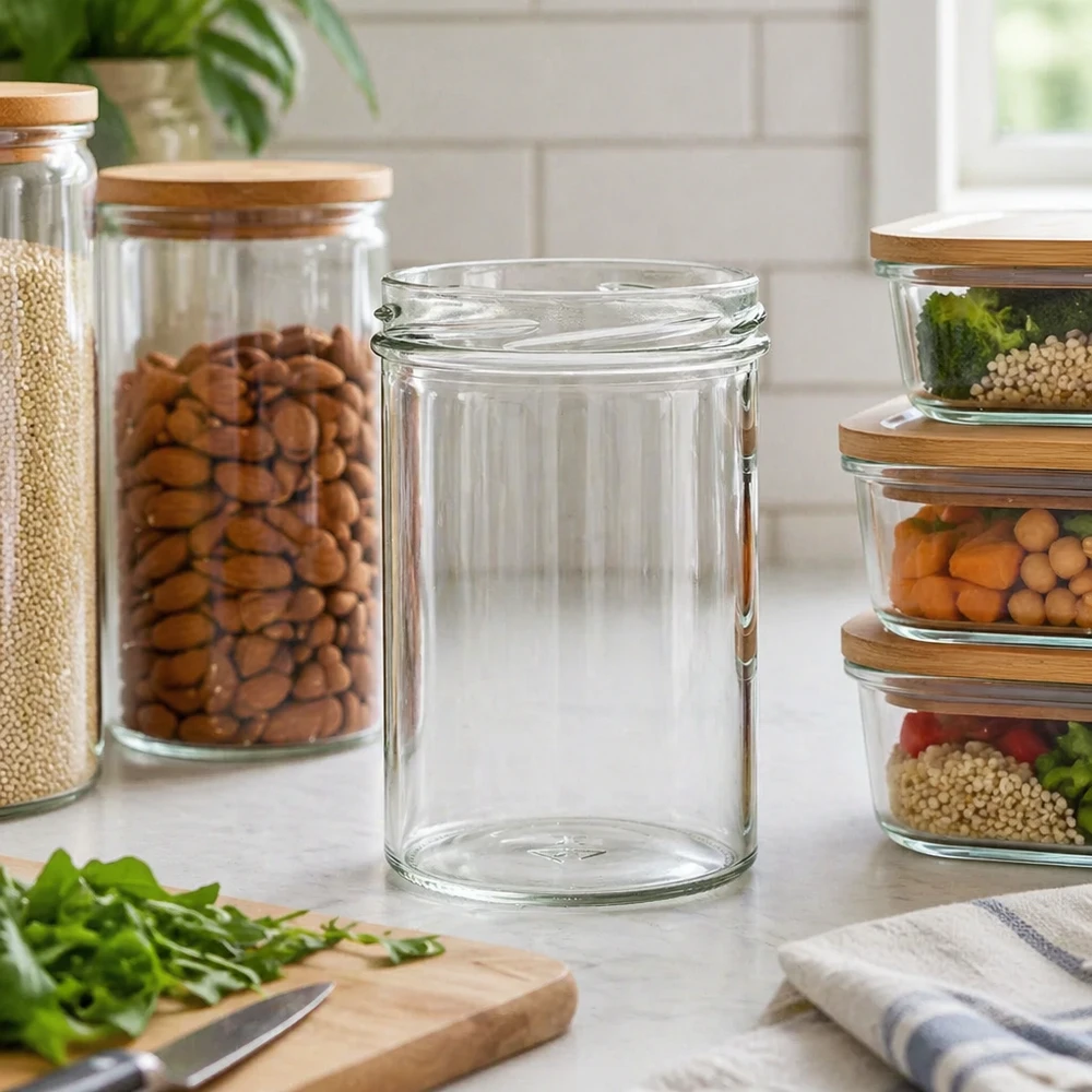 Vasos vacíos de 435 ml en una cocina moderna entre tarros de conserva llenos de frutos secos y legumbres
